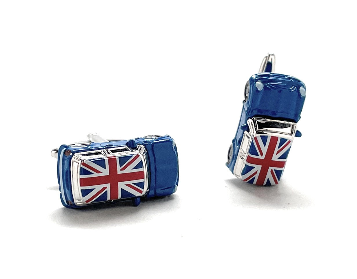 Two small car models with Union Jack design on a white background