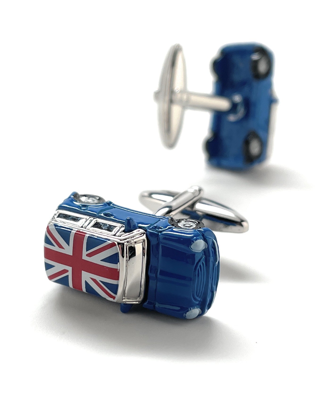 Cufflinks designed like a blue car with a Union Jack flag on a white background