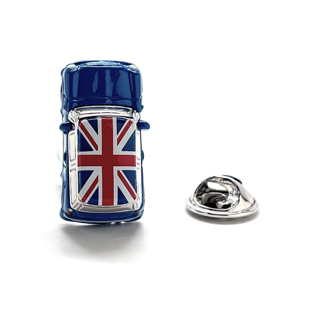 Metallic car-shaped pin with Union Jack design on a white background