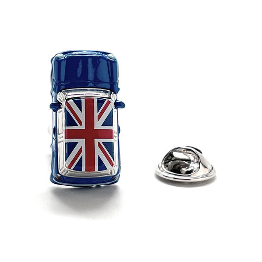 Metallic car-shaped pin with Union Jack design on a white background