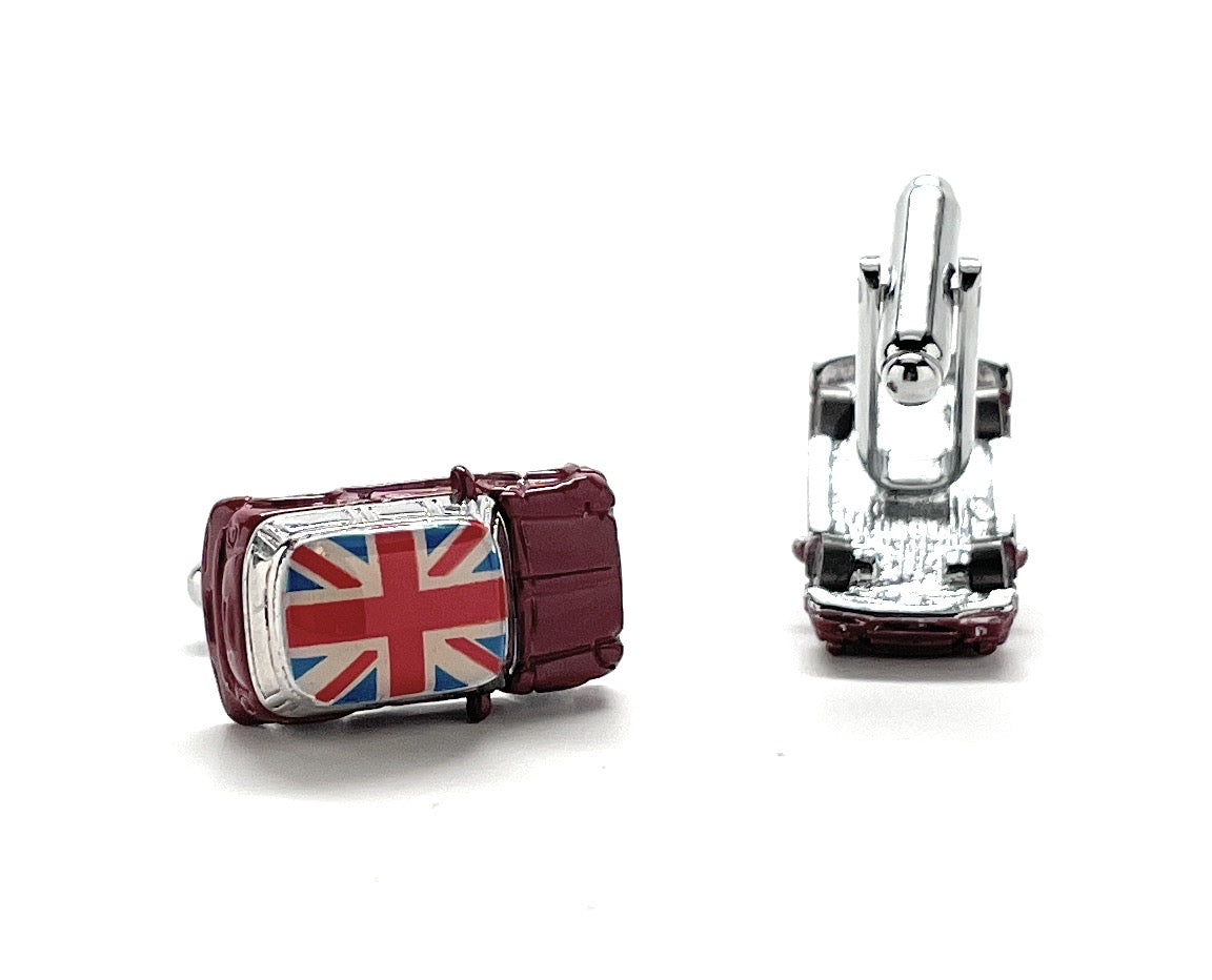 Car-shaped cufflinks with a Union Jack design on a white background