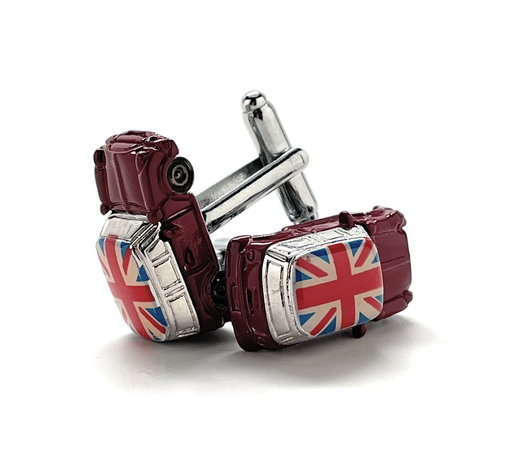 Cufflinks designed like red cars with Union Jack flags on a white background