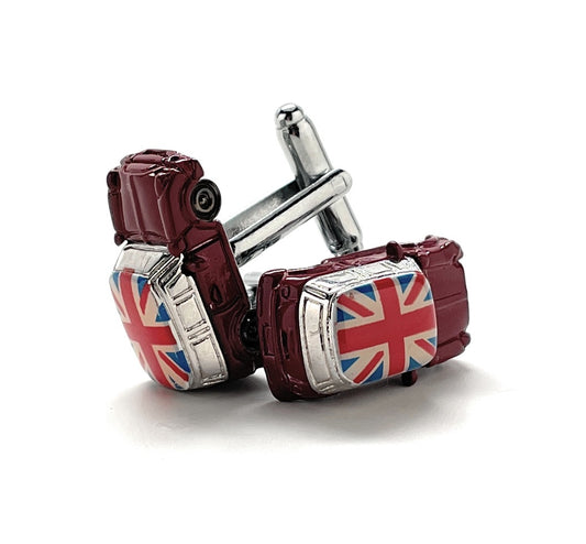 Cufflinks designed like red cars with Union Jack flags on a white background