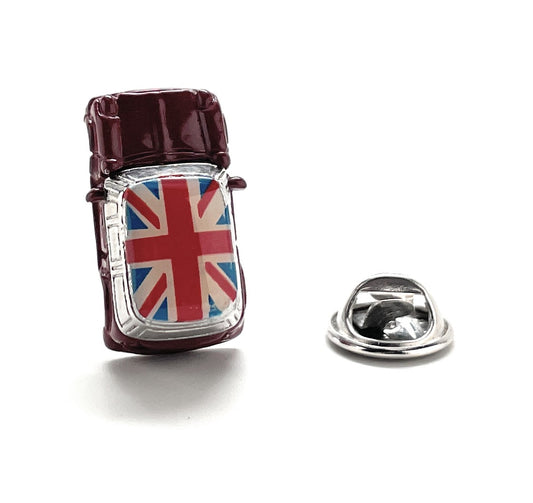 Car-shaped lapel pin with British flag design on a white background