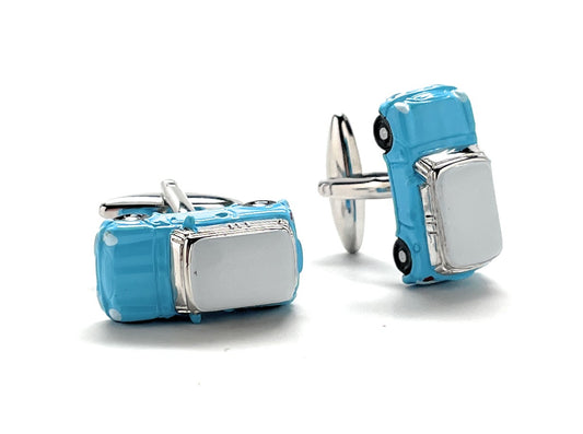 Blue and silver cufflinks on a white background