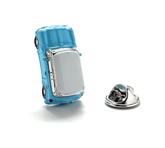 Blue car-shaped charm with a silver clasp on a white background
