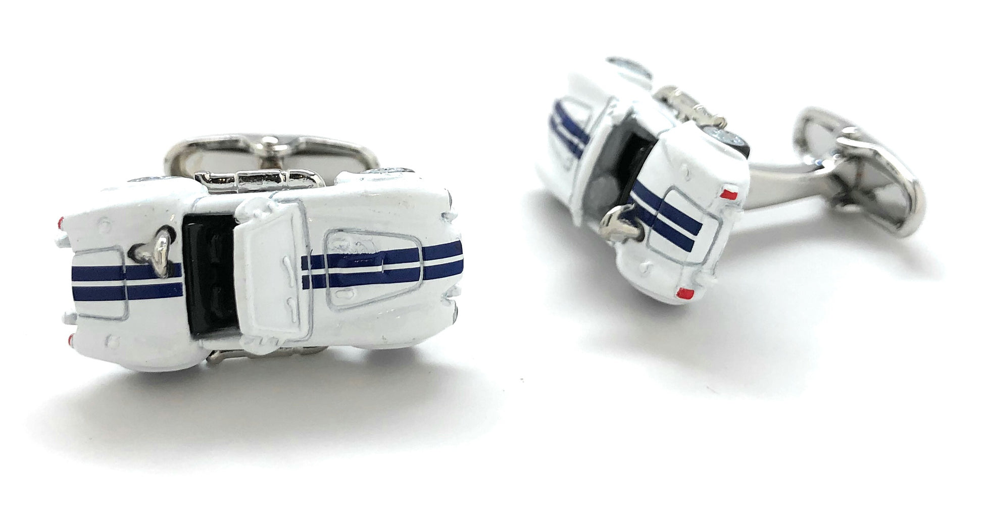 Silver Shelby cufflinks with blue stripes on a white background
