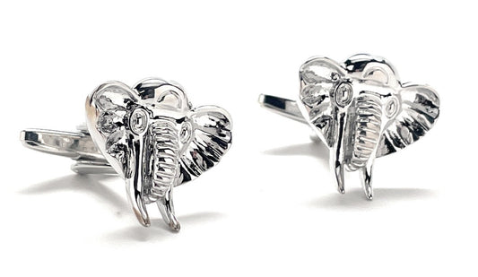 Silver elephant cufflinks on a white background