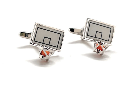Basketball court-themed cufflinks on a white background