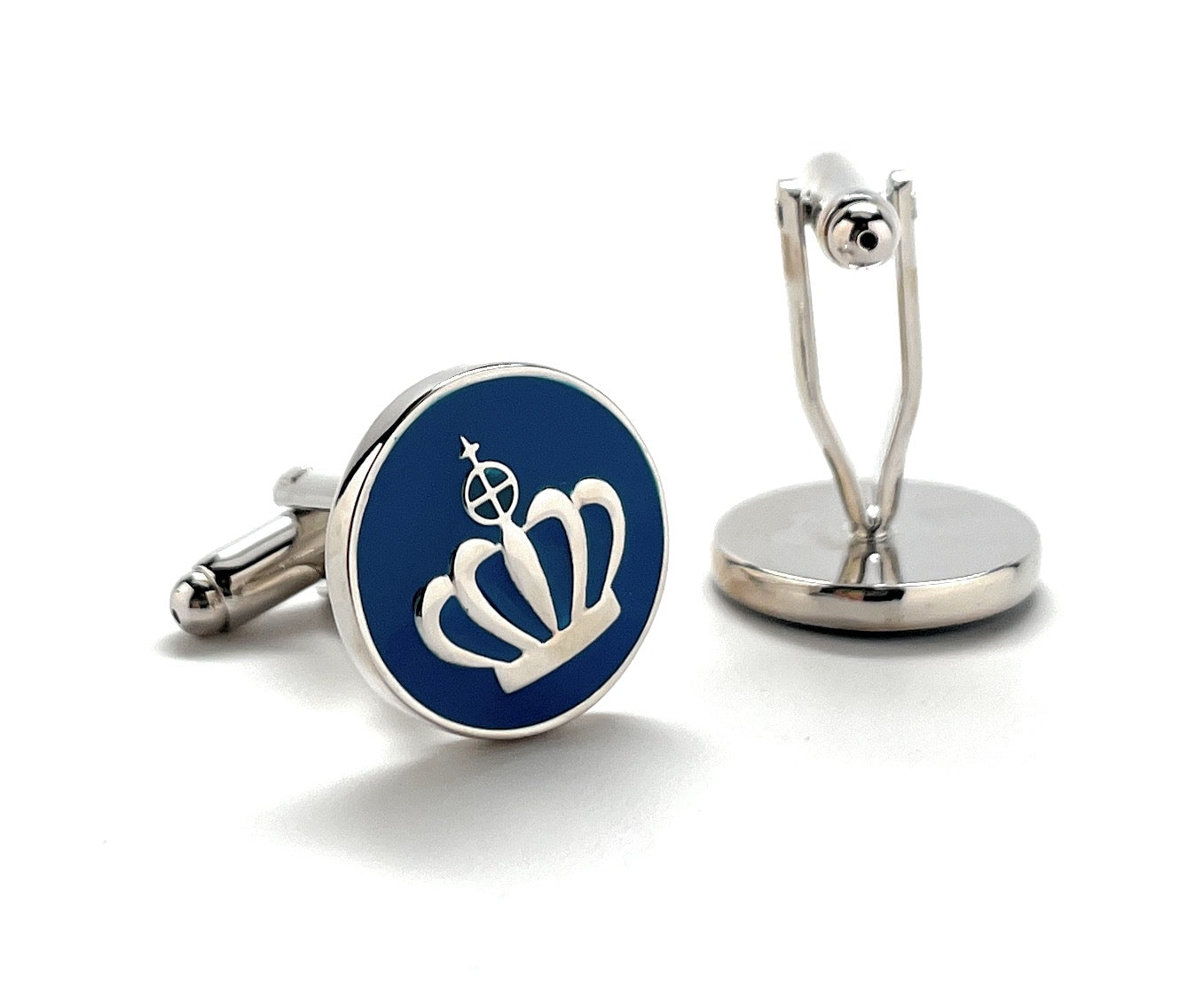Cufflinks with a blue circular design and silver accents on a white background