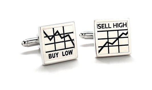 Stock Market Cufflinks Buy Low Sell High Silver and Black Enamel Cuff Links