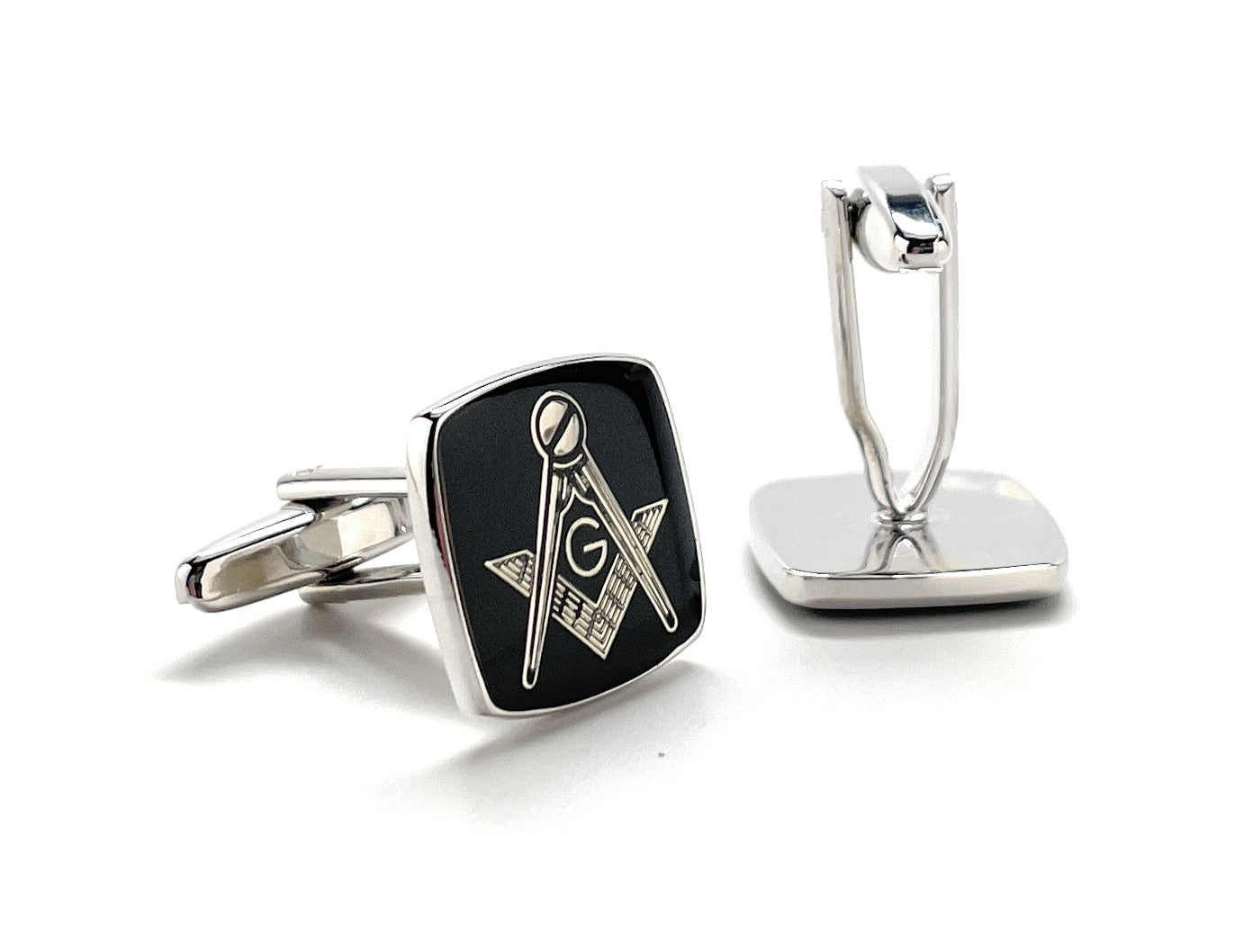 Freemason Cufflinks Freemasonry Cuff Links Silver Black Polished Enamel Masonic