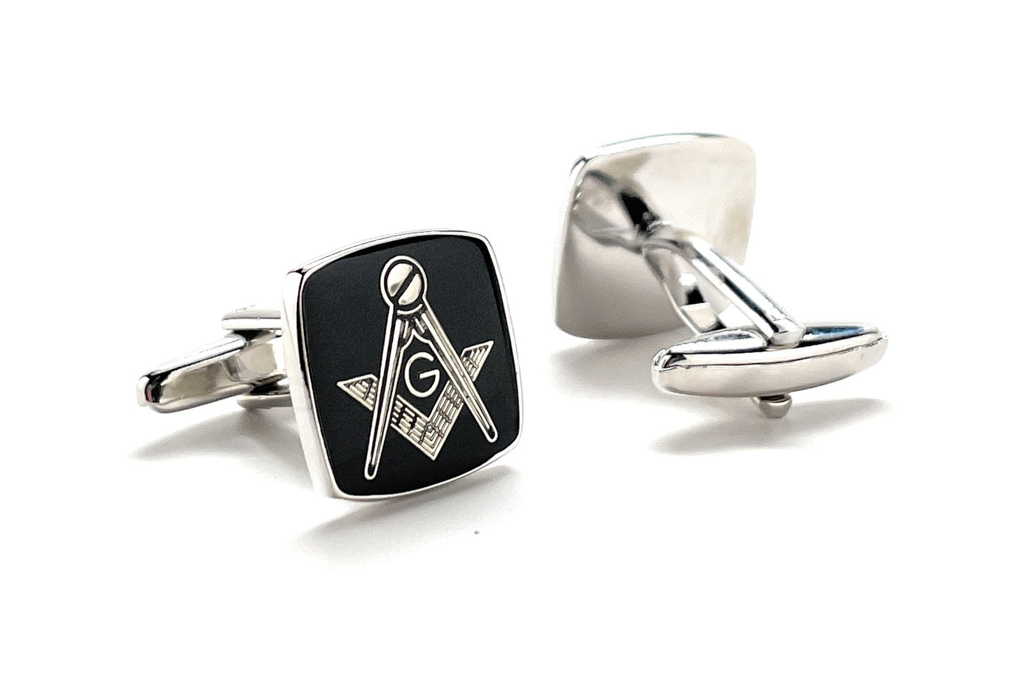 Freemason Cufflinks Freemasonry Cuff Links Silver Black Polished Enamel Masonic