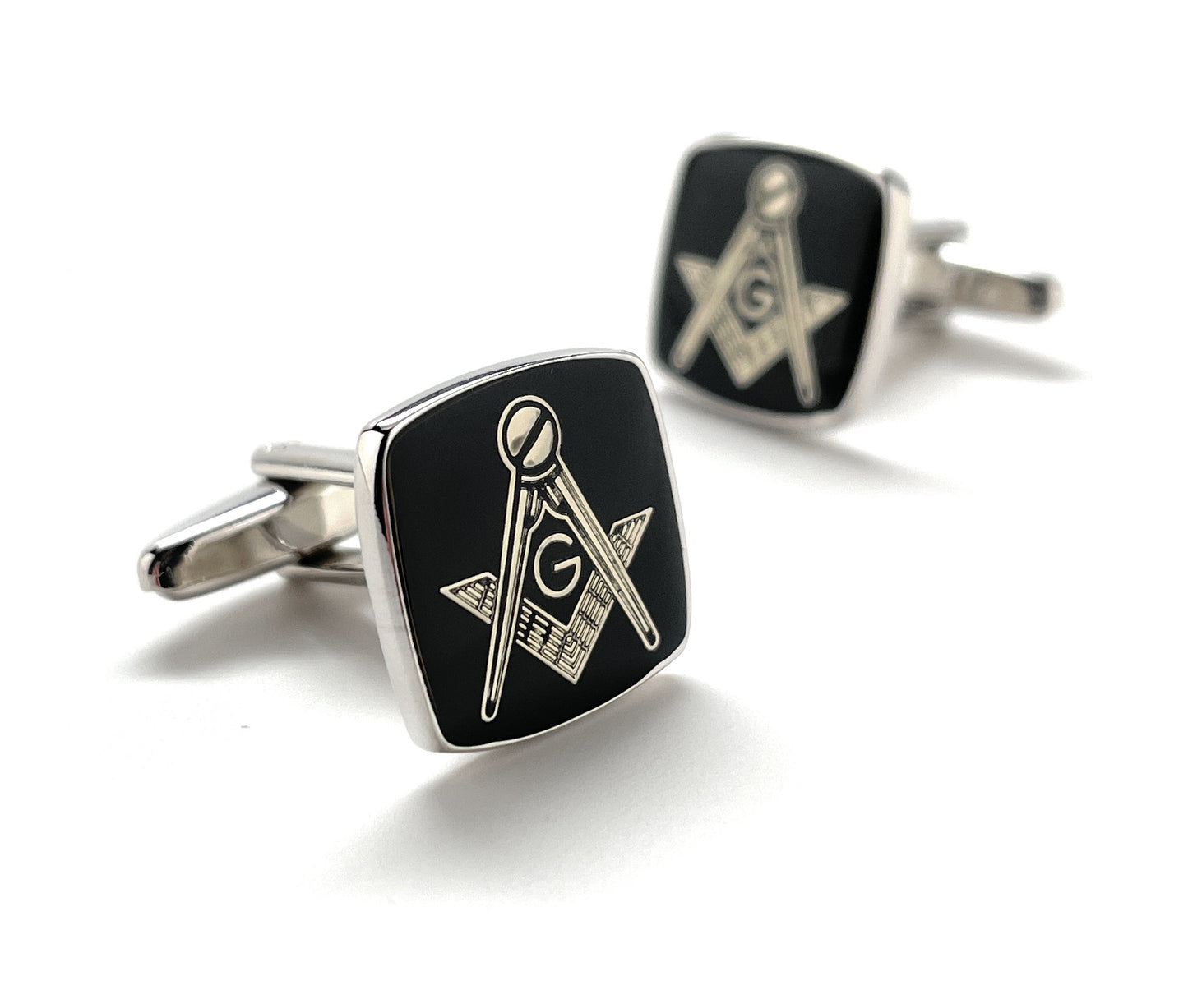 Freemason Cufflinks Freemasonry Cuff Links Silver Black Polished Enamel Masonic