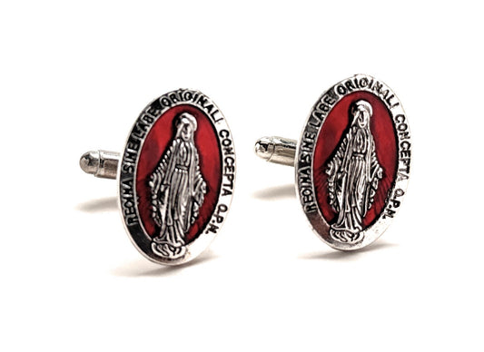 Cufflinks with a red and silver design on a white background