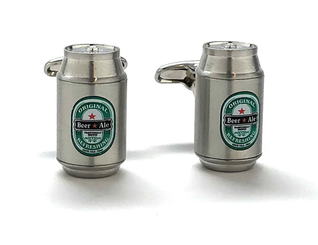 Metallic beer can-shaped cufflinks with a visible brand logo on a white background