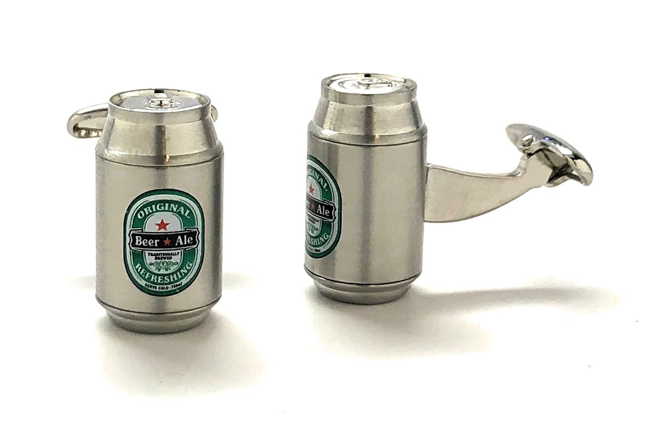 Metal beer mug-shaped cufflinks with a visible brand logo on a white background