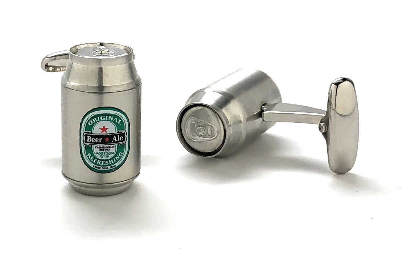 Cufflinks designed like a beer keg with a visible brand label on a white background