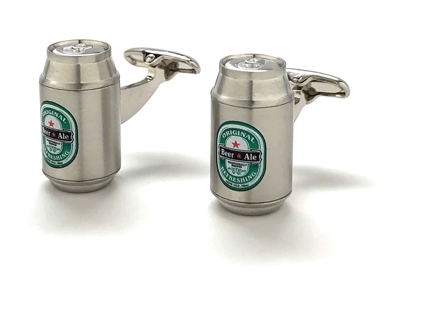 Cufflinks designed like beer cans with labels on a white background