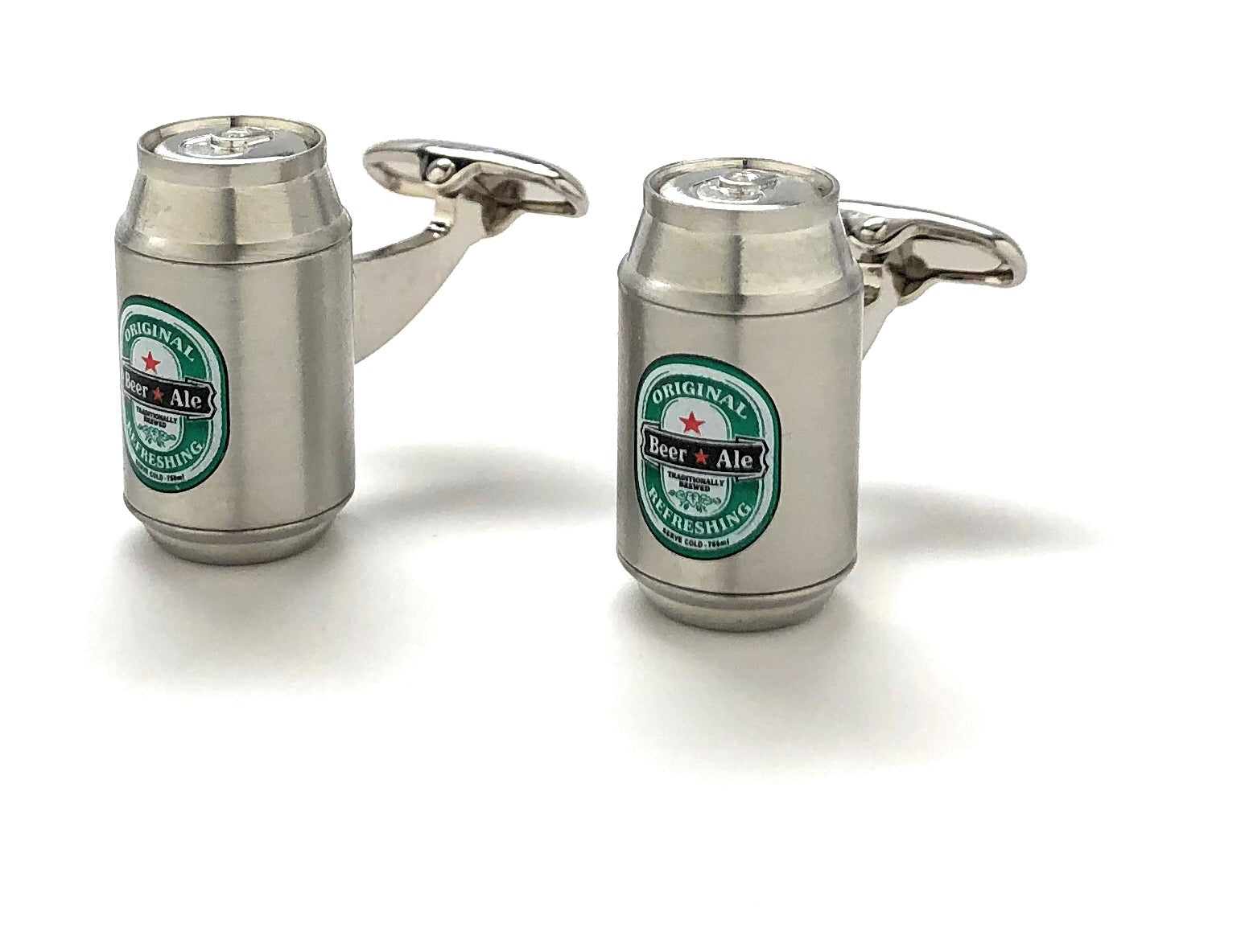 Cufflinks designed like beer cans with labels on a white background