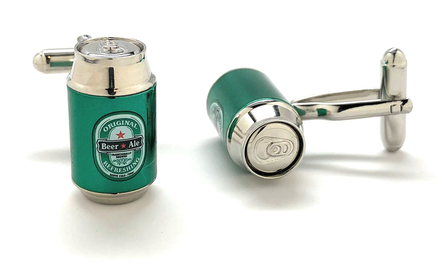 Green beer can-shaped cufflinks with silver accents on a white background