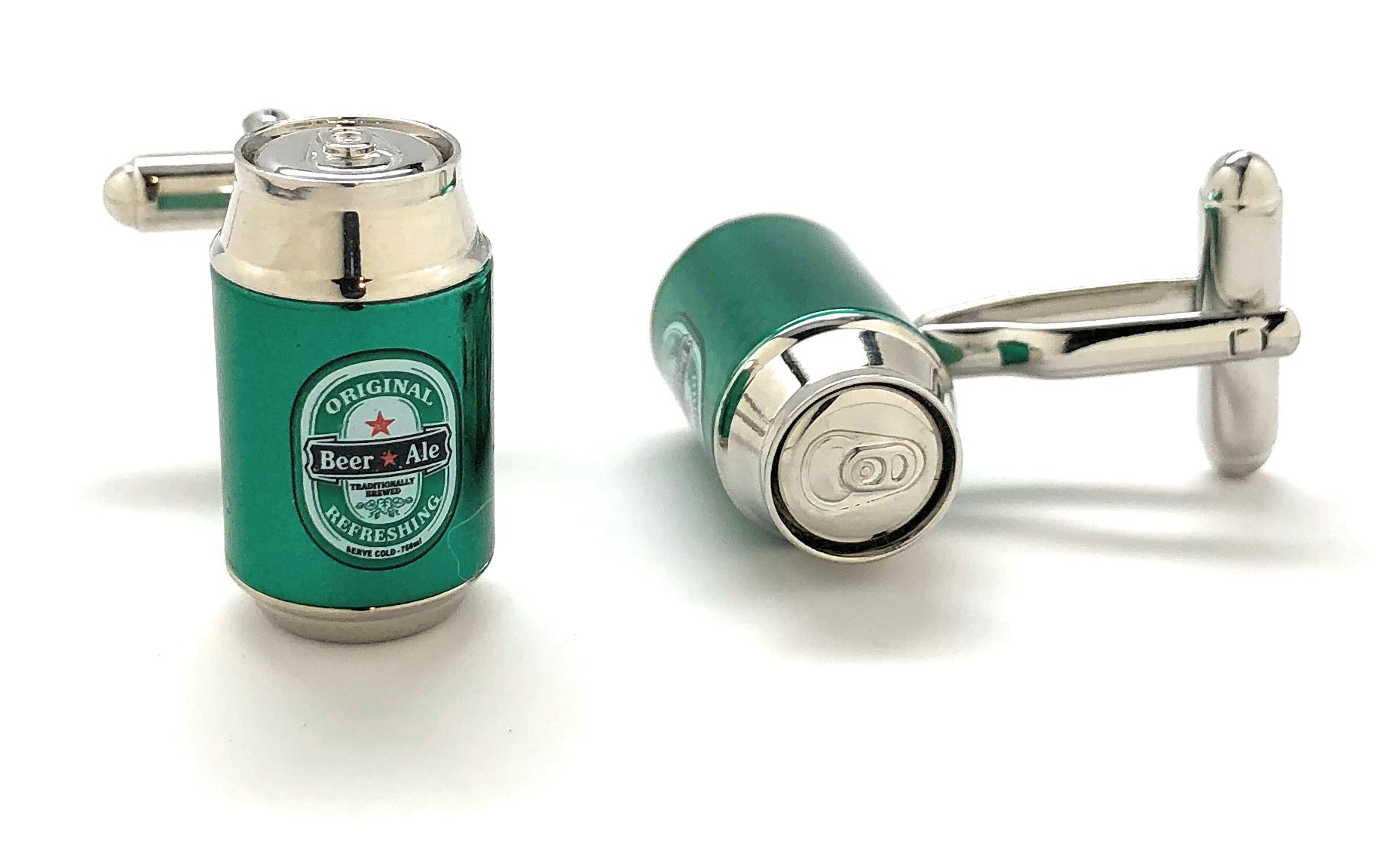 Green beer can-shaped cufflinks with silver accents on a white background