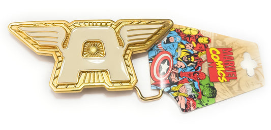 Gold emblem with a large 'A' and wings, featuring Marvel characters on packaging