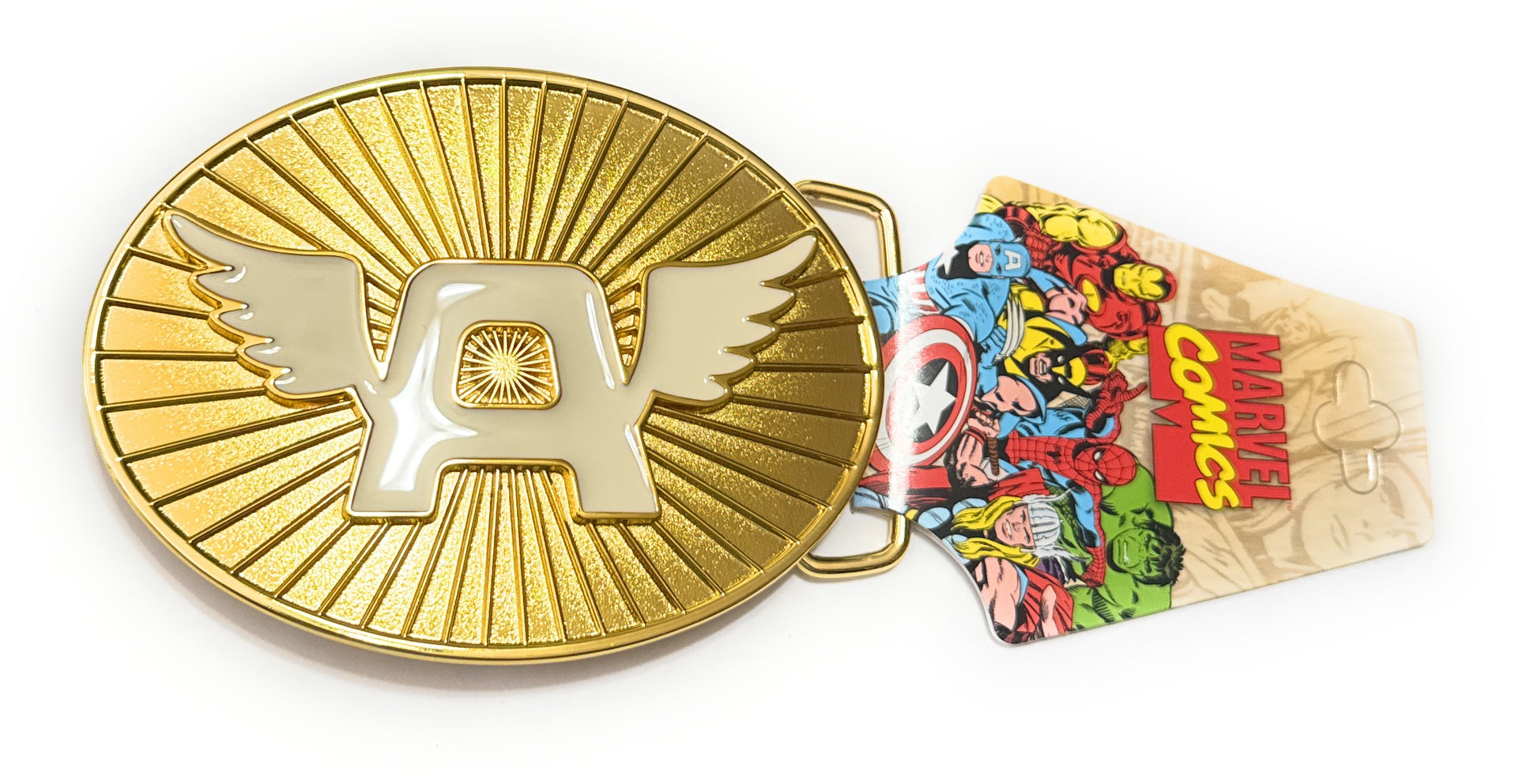 Gold belt buckle with a prominent 'A' design, next to a Marvel-themed bag with comic book character graphics.