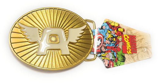 Gold belt buckle with a prominent 'A' design, next to a Marvel-themed bag with comic book character graphics.