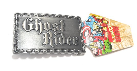 Ghost Rider belt buckle with comic book packaging on a white background