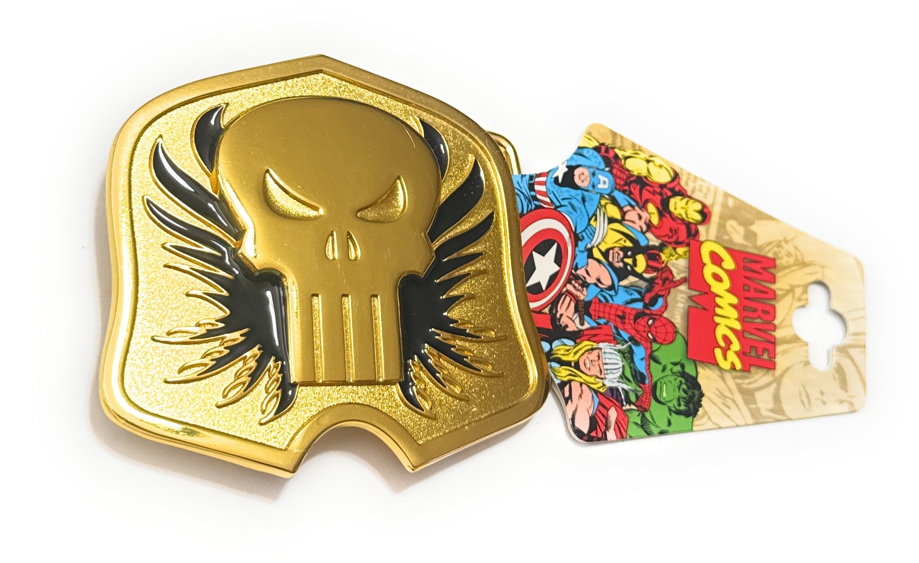 Gold Punisher emblem with Marvel comic book cards on a white background