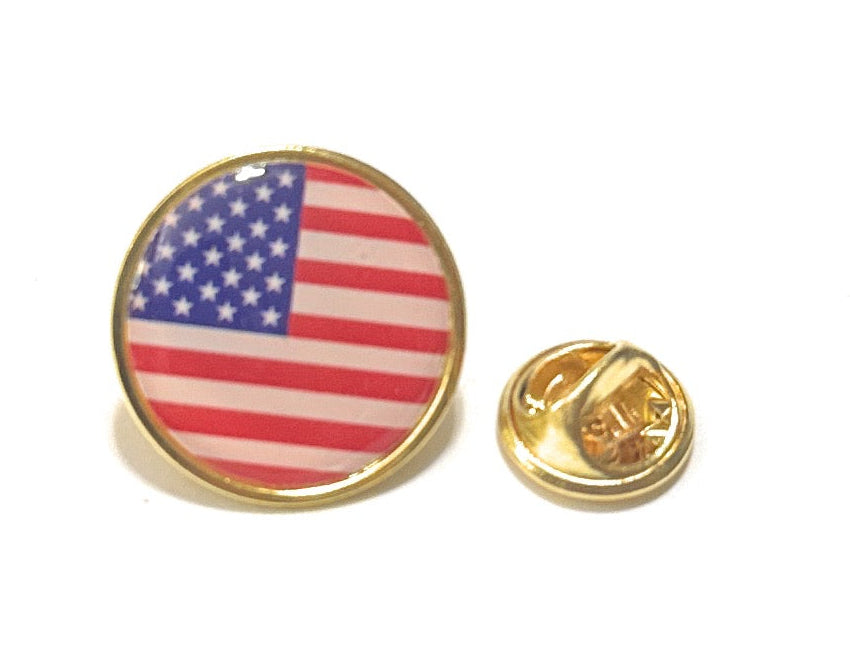 Round American flag lapel pin with gold trim and clutch backing in red, white and blue enamel