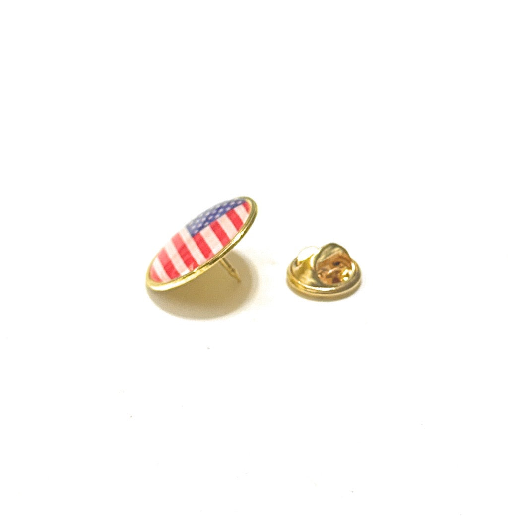Round American flag lapel pin with gold trim and clutch backing in red, white and blue enamel