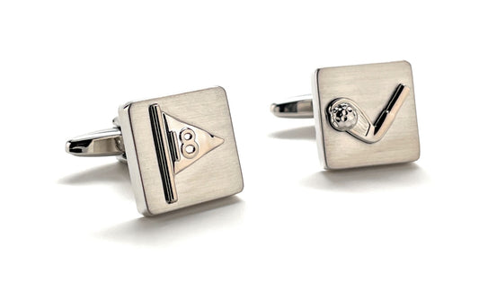 Pair of silver cufflinks with geometric designs on a white background