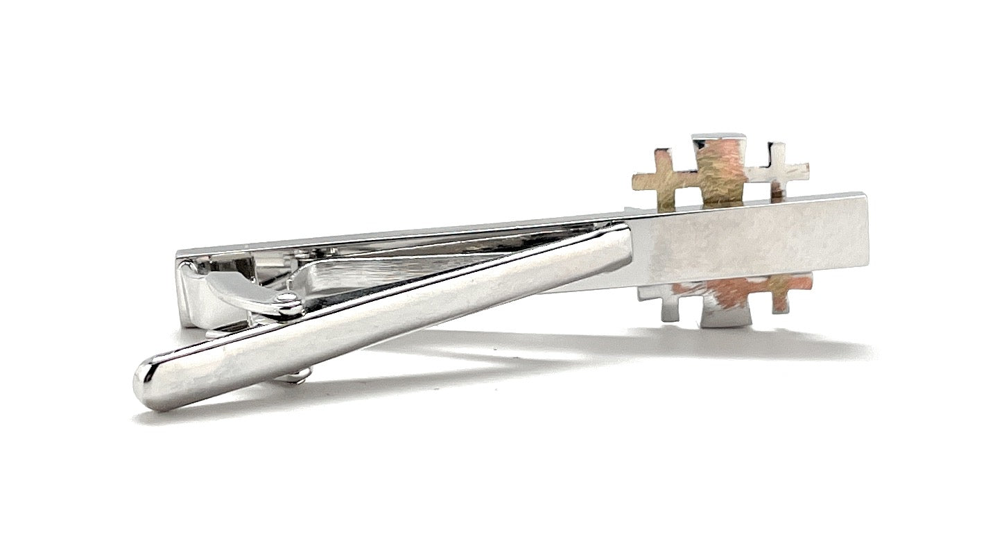 Jerusalem Cross Tie Bar Crusaders Shield Cut Out Design Silver Tone 3D Five-Fold Cross Tie Bar