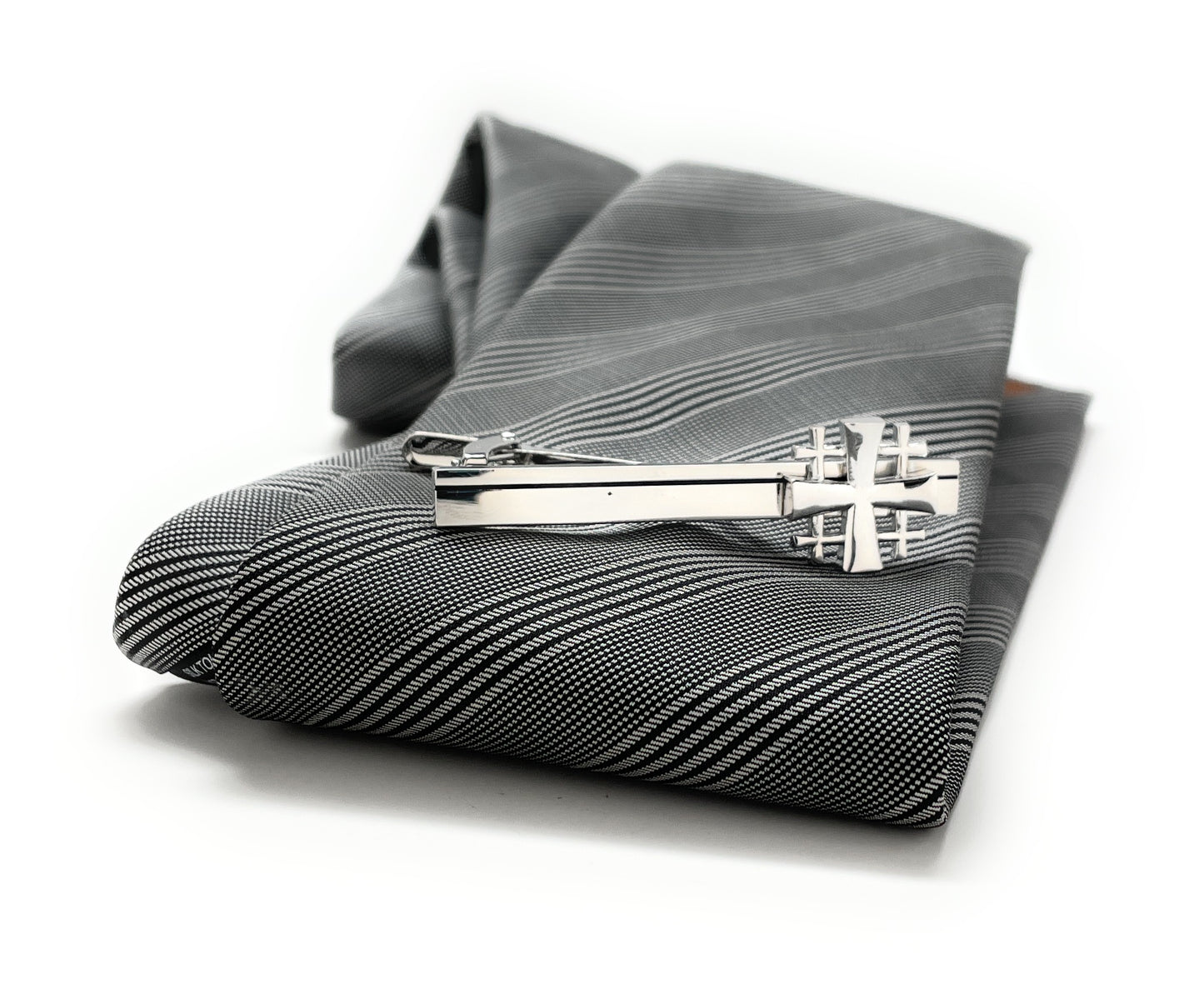 Jerusalem Cross Tie Bar Crusaders Shield Cut Out Design Silver Tone 3D Five-Fold Cross Tie Bar