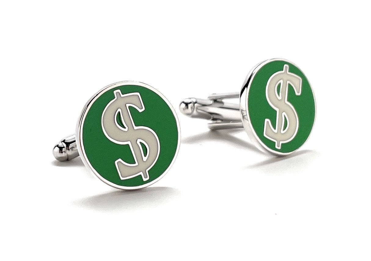 Dollar Sign Cufflinks Green White Enamel Money Signs