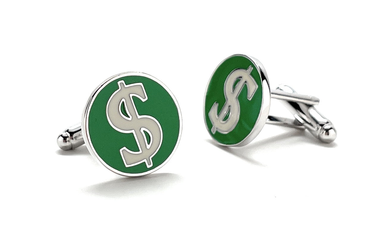 Dollar Sign Cufflinks Green White Enamel Money Signs