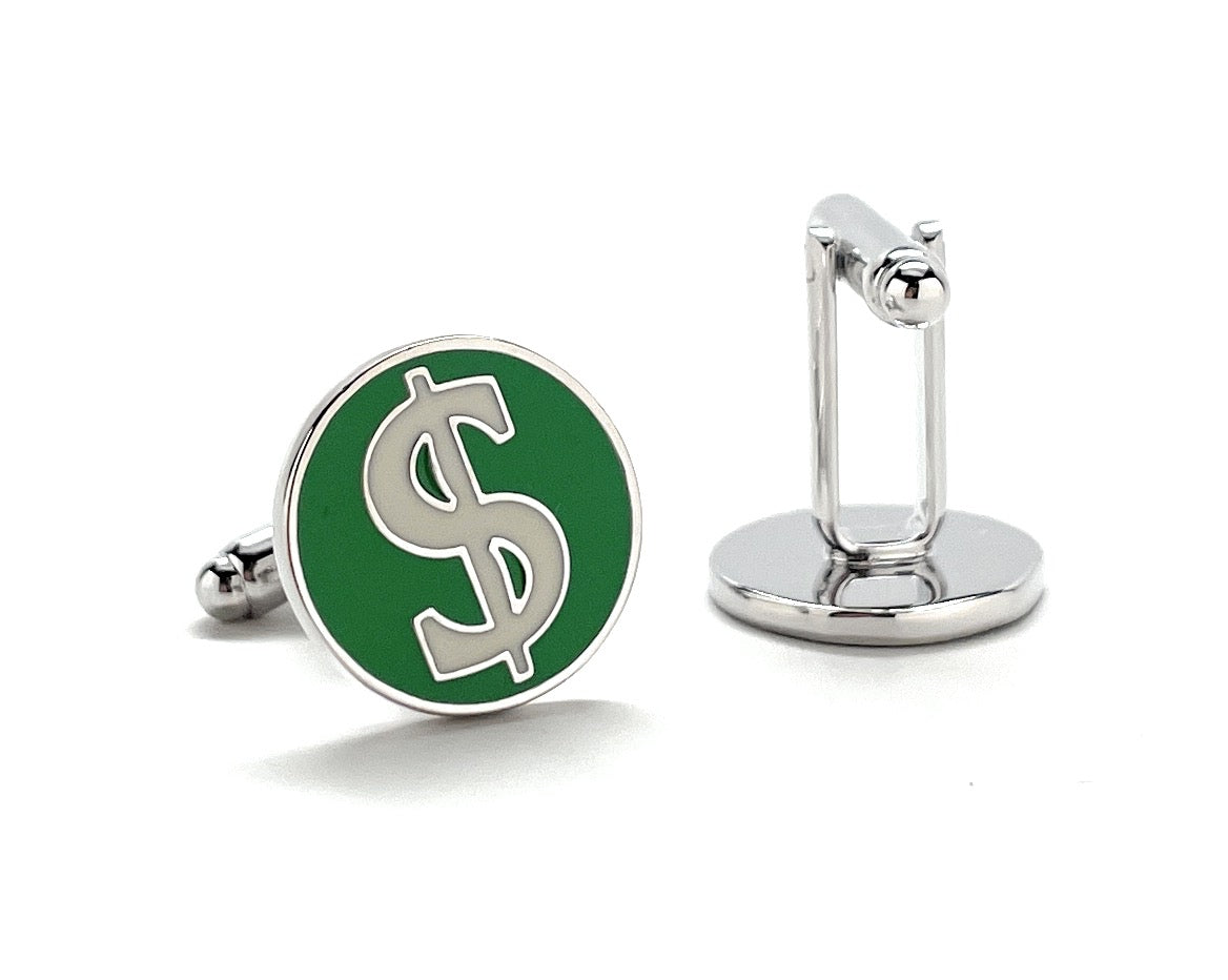 Dollar Sign Cufflinks Green White Enamel Money Signs