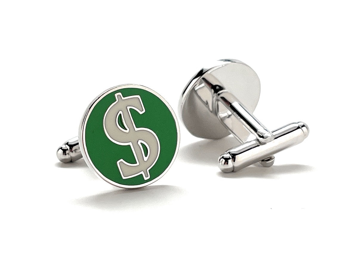 Dollar Sign Cufflinks Green White Enamel Money Signs