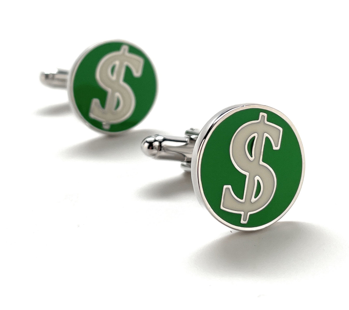 Dollar Sign Cufflinks Green White Enamel Money Signs