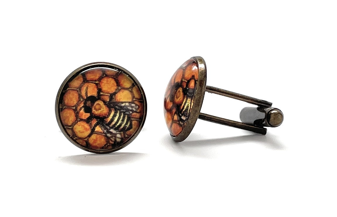 Honeycomb bee cufflinks with amber honeycomb background and vintage bronze finish