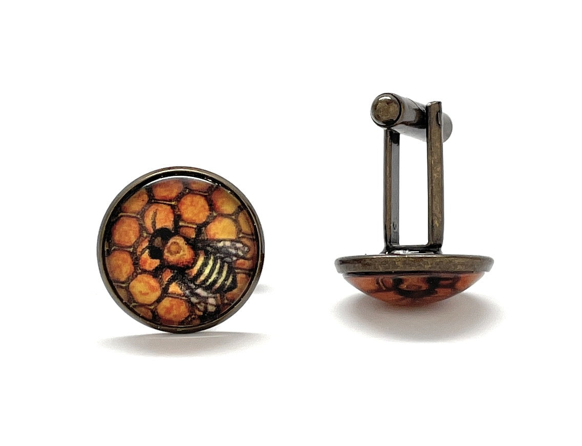 Honeycomb bee cufflinks with amber honeycomb background and vintage bronze finish