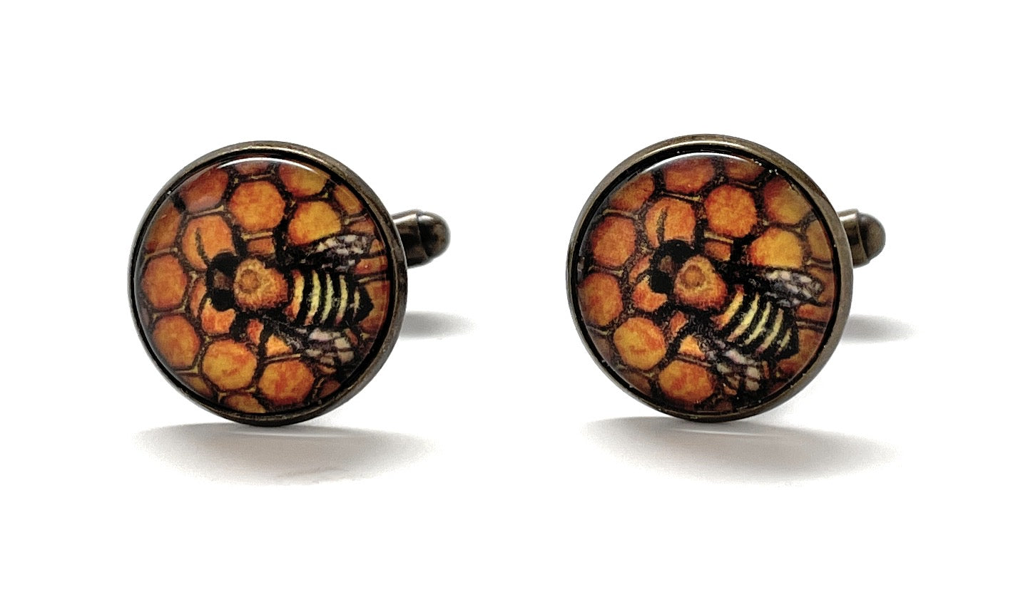 Honeycomb bee cufflinks with amber honeycomb background and vintage bronze finish