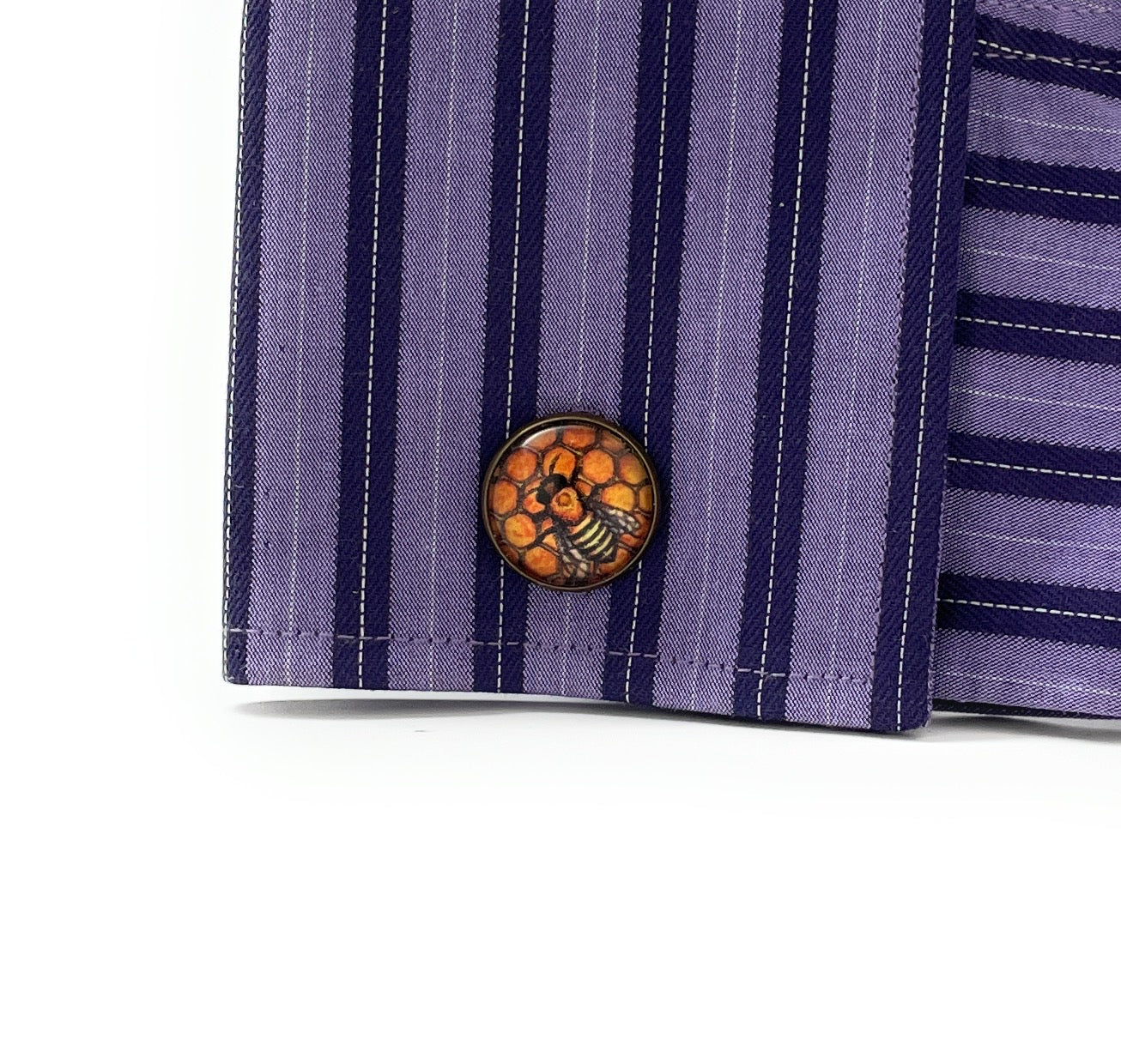 Honeycomb bee cufflinks with amber honeycomb background and vintage bronze finish