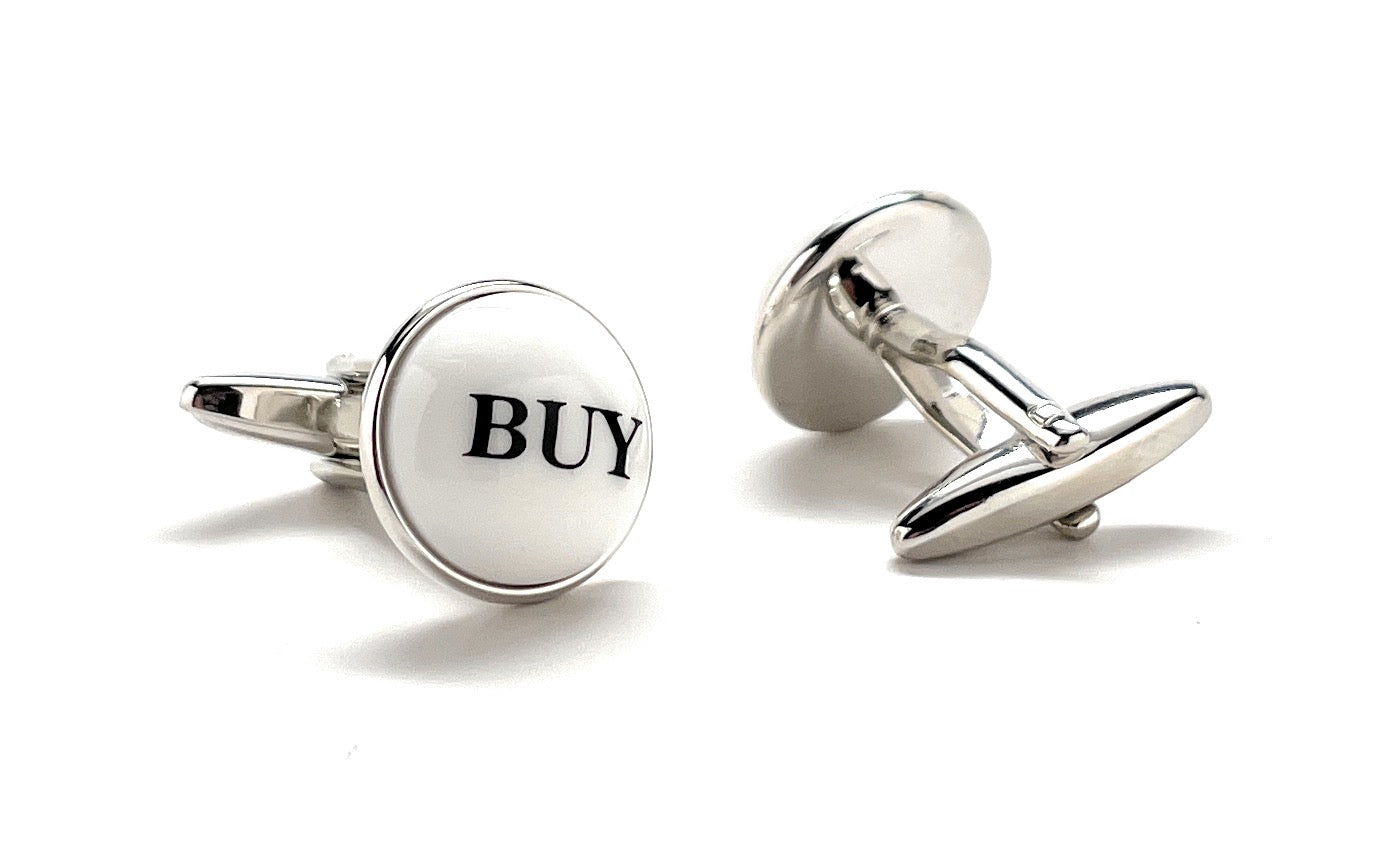 Silver cufflinks with 'BUY' text on a white background