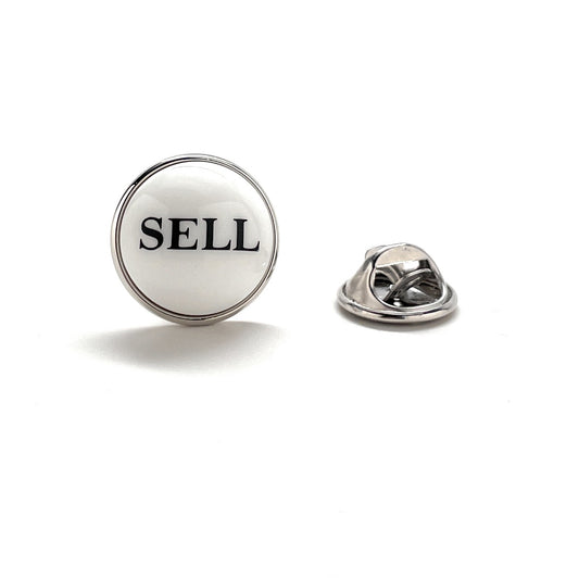 Silver lapel pin with 'SELL' text on a white background
