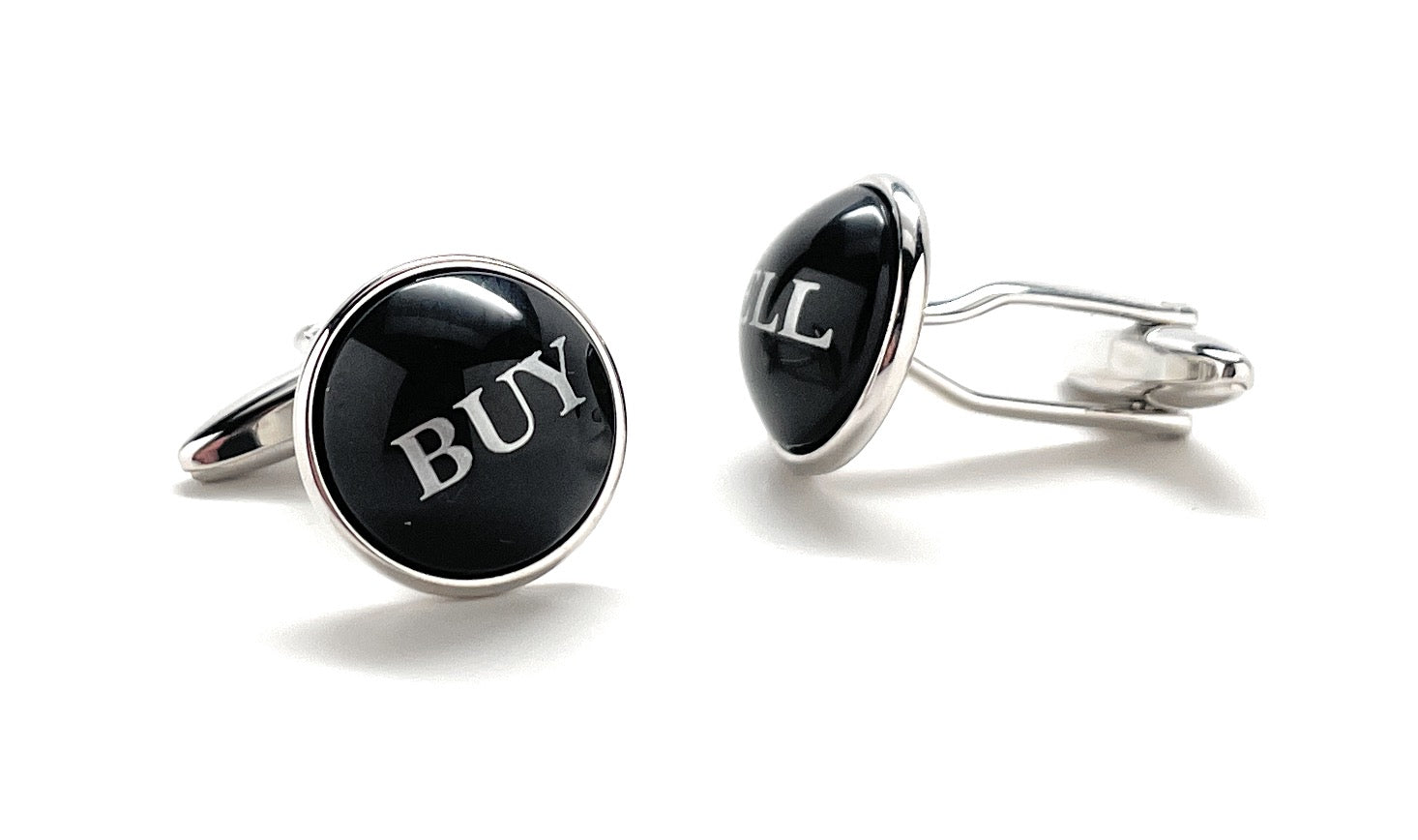 Cufflinks with 'BUY' and 'SELL' text on black and silver components