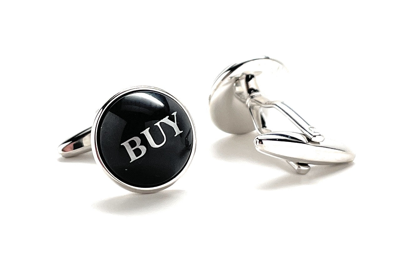 Cufflinks with a black round piece displaying the word 'BUY' on a white background