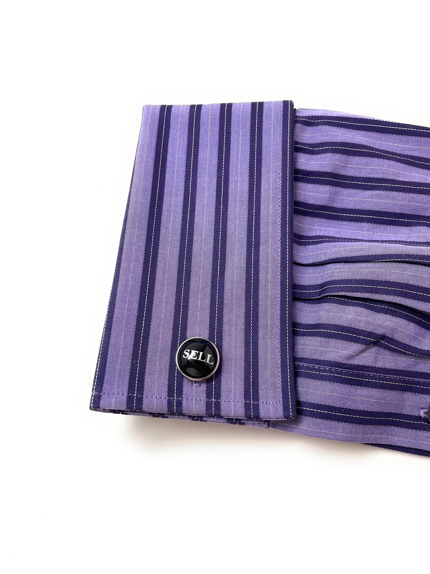 Purple striped fabric with a brand logo on a white background